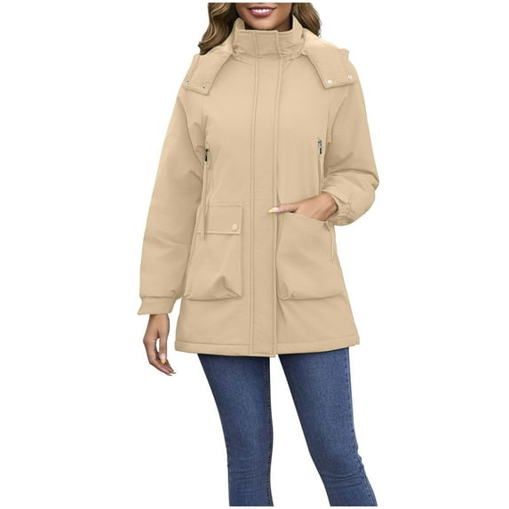 Rain Coats for Women Long Waterproof Windbreaker Hooded Outwear Solid Color Zipper Pocket Outdoor Coat Beige XL