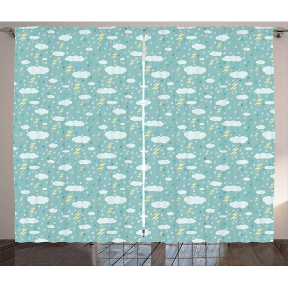 Rain Curtains 2 Panels Set, Bad Weather with Thunderstorm and Raining Clouds Seasonal Pastel Graphic, Window Drapes for Living Room Bedroom, 108W X 84L Inches, Seafoam and Pale Yellow, by Ambesonne