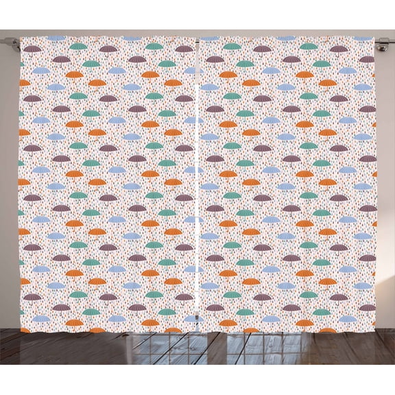 Rain Curtains 2 Panels Set, Illustration of Handle Umbrella Figures Repeating Pattern on Soft Pastel Background, Window Drapes for Living Room Bedroom, 108W X 96L Inches, Multicolor, by Ambesonne