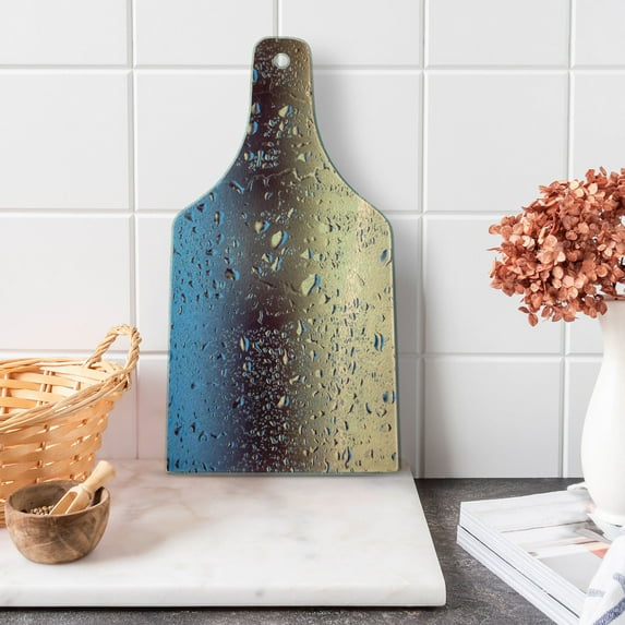 Rain Cutting Board, Close up Rain Drops on Glass Natural Sprays Sphere Contrasting Colors Picture, Decorative Tempered Glass Cutting and Serving Board, Wine Bottle Shape, Blue Tan Brown, by Ambesonne
