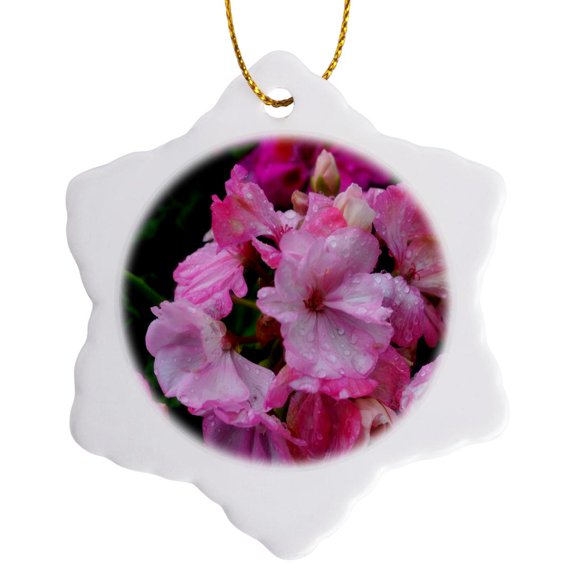 3drose, Rain Drops on Geraniums Pink Geraniums with Rain Drops, 3 inch Snowflake Porcelain Ornament