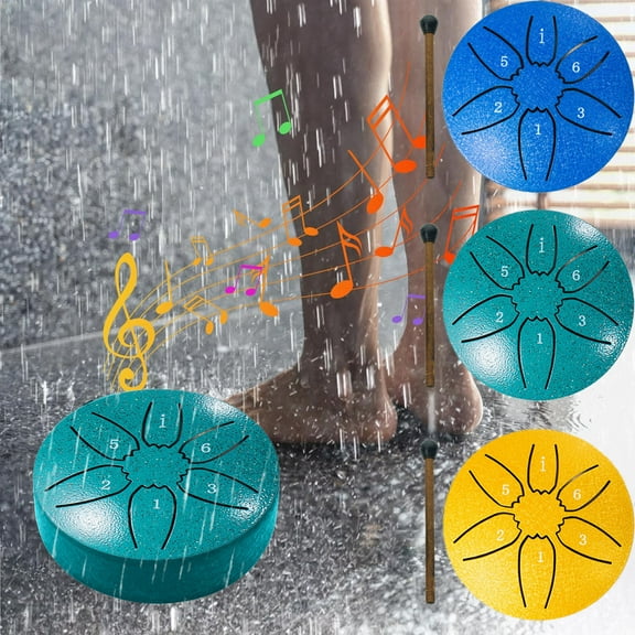 Rain Drum for Outside 3” 6-Note Mini Steel Tongue Drum – Waterproof Alloy Chime Percussion Instrument, Blue Gold Green, Garden Outdoor Relaxation, Includes Drumstick