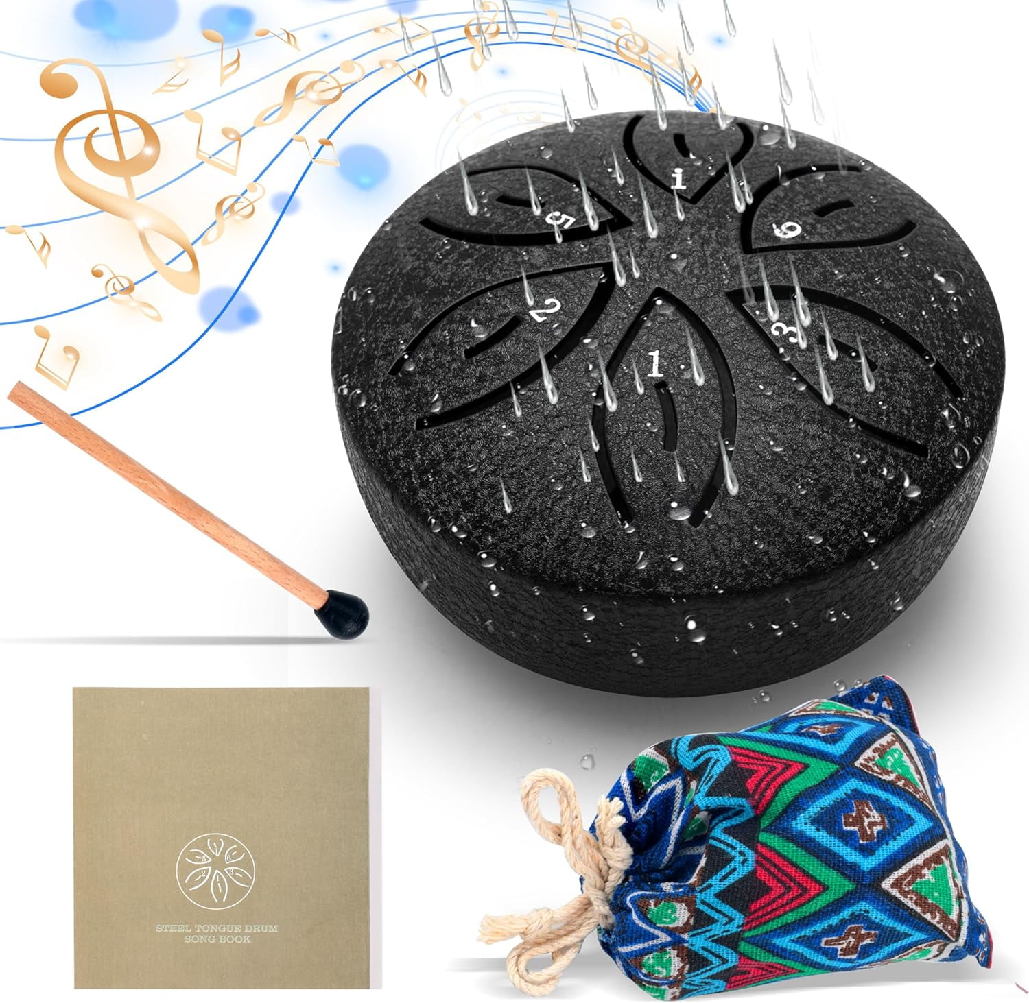 Rain Drum for Outside Garden 3 Inches 6 Notes Steel Hand Drum with Bag Music Book Drumstick Small Waterproof Rain Drum Instrument Musical Education Entertainment Meditation Yoga Gift Black