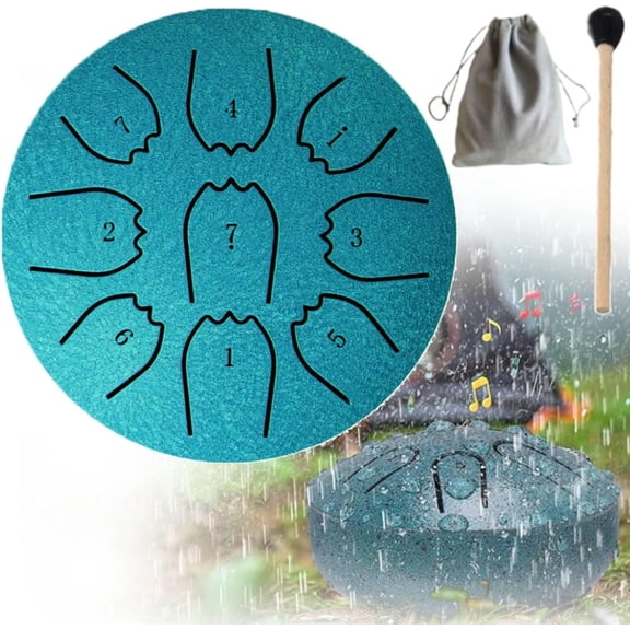 Rain Drum for Outside Garden, 4 Inches 9 Notes Steel Tongue Chakra Drum Rain Chime Waterproof Musical Instrument for Garden, Mini Handpan Chakra Drum for Meditation, Yoga, Outdoor Relaxation (Navy)