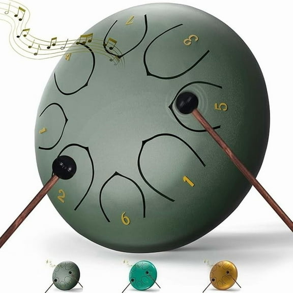 Rain Drum for Outside Garden, 6 Inches 8 Notes Steel Tongue Chakra Drums, Waterproof Meditation Rain Chime, Musical Instruments for Adult Gift with Bag, Music Book, Drum Mallets (Green)