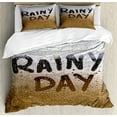 thumbnail image 1 of Rain Duvet Cover Set King Size, Rainy Day Quote on Background with Water Droplets Autumn Season illustration, Decorative 3 Piece Bedding Set with 2 Pillow Shams, Brown and White, by Ambesonne, 1 of 3