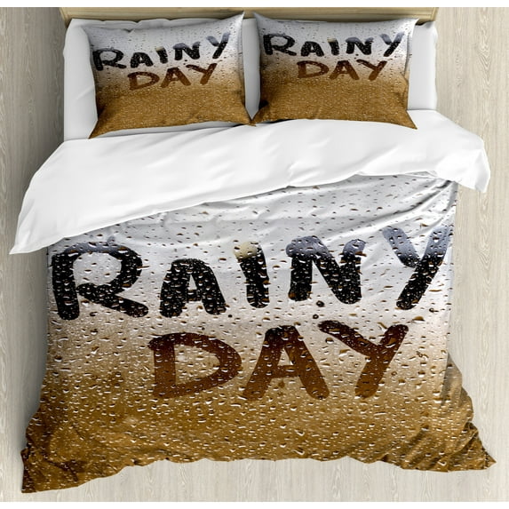 Rain Duvet Cover Set King Size, Rainy Day Quote on Background with Water Droplets Autumn Season illustration, Decorative 3 Piece Bedding Set with 2 Pillow Shams, Brown and White, by Ambesonne