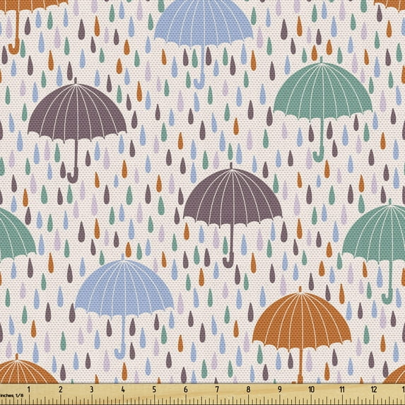 Rain Fabric by the Yard, Illustration of Handle Umbrella Repeating Pattern on Soft Pastel Background, Upholstery Fabric for Dining Chairs Home Decor Accents, Multicolor by Ambesonne