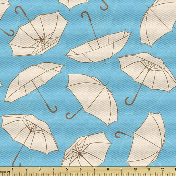 Ambesonne Rain Fabric by the Yard Upholstery, Open Umbrella Drawings Pattern, 1 Yard, Aqua Eggshell Cocoa