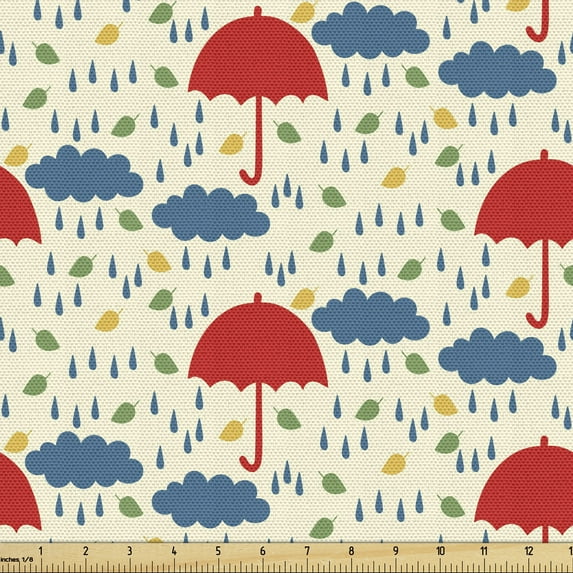 Rain Fabric by the Yard Upholstery, Autumn with Leaves Drops Clouds and Umbrellas, Decorative Fabric for DIY and Home Accents, Cream Multicolor by Ambesonne