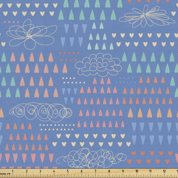 Rain Fabric by the Yard Upholstery, Hand Drawn Scribbled Linear Clouds and Multi Size Heart Shape in Pink Tones, Decorative Fabric for DIY and Home Accents, Multicolor by Ambesonne