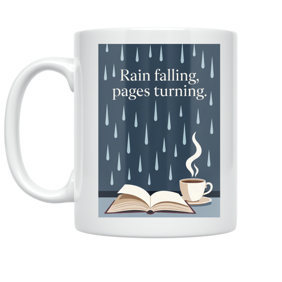 Rain Falling Pages Turning Design - Book Lover - 11 oz Ceramic Coffee Mug