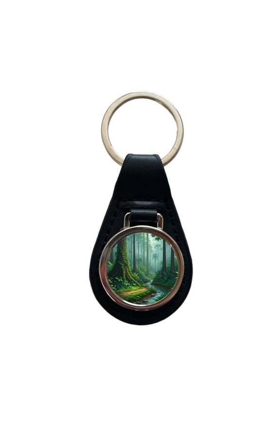 Rain Forest Beautiful Stream Metal Black Leather Keychain