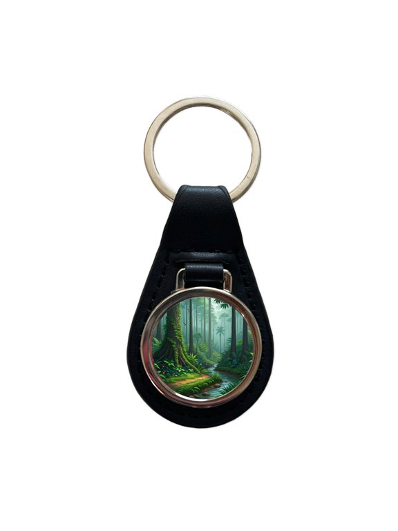 Rain Forest Beautiful Stream Metal Black Leather Keychain