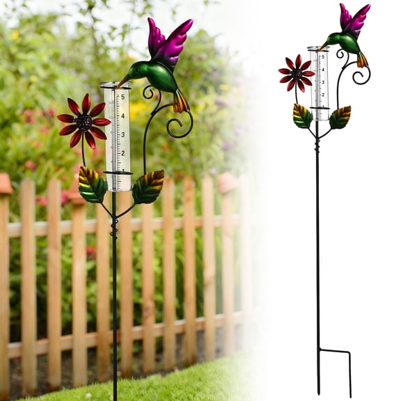 Outdoor Hummingbird Rain Gauge, Colorful Decorative Rain Gauge with Double Scale & Metal Stake, 35" Height, Decorative Rainfall Measuring Tool for Yards, Lawns, Fences