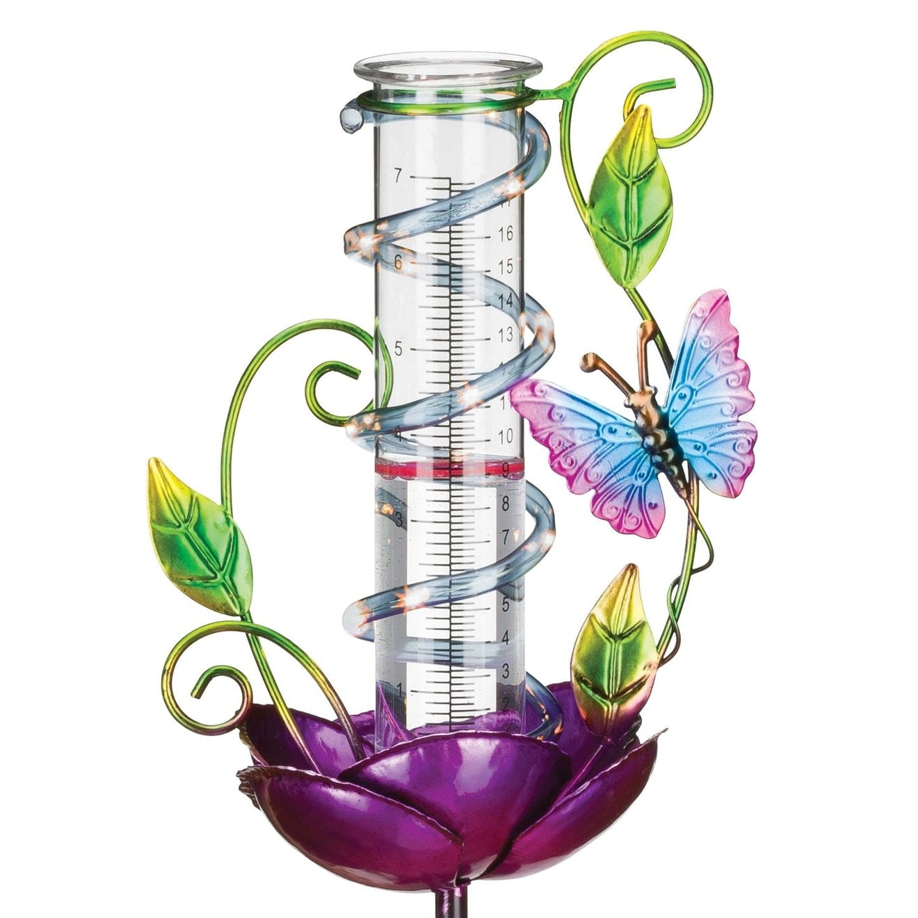 38'' Solar Powered Butterfly Metal and Glass Rain Gauge Stake