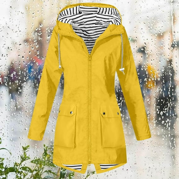 Rain Jacket & Fall Trench Coats & Windbreaker, Women, 2025, Waterproof, with Hood, Zipper, Pocket, for Casual Outdoor, Hiking, Parties, Beach Trips, Vacations, Dating, Yellow, S, 1PC