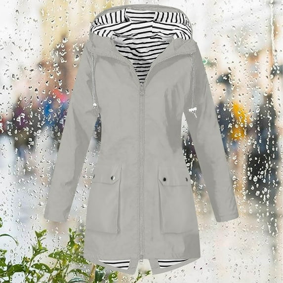 Rain Jacket & Fall Trench Coats & Windbreaker, Women, 2025, Waterproof, with Hood, Zipper, Pocket, Terylene Material, for Casual Outdoor, Hiking, Beach Trips, Vacations, Dating, Gray, XXL, 1PC