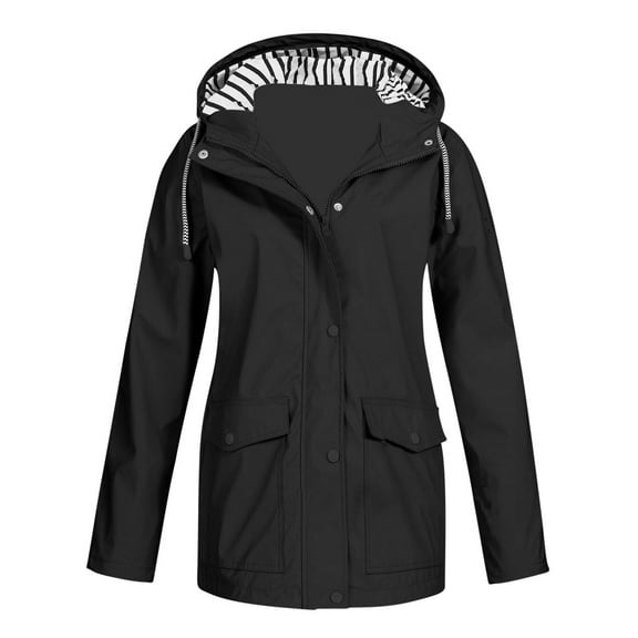 Rain Jacket For Women Plus Size Trendy Solid Lightweight Raincoats Outdoor Waterproof Windbreaker Hooded Striped Lined Trench Coat Black L