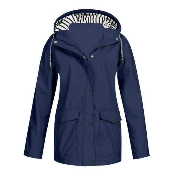 Rain Jacket For Women Plus Size Trendy Solid Lightweight Raincoats Outdoor Waterproof Windbreaker Hooded Striped Lined Trench Coat Navy L