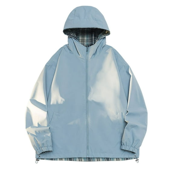 Rain Jacket Men Oversized Waterproof Windbreaker Jackets Trendy Two-Sided Plaid Hooded Coats Zip Up Winter Outerwear