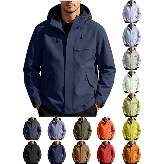 Rain Jacket Men Zaewscy Men's Hooded Rain Jacket, Waterproof Windproof Long Sleeve Outdoor Coat with Multiple Zipper Pockets Dark Blue L
