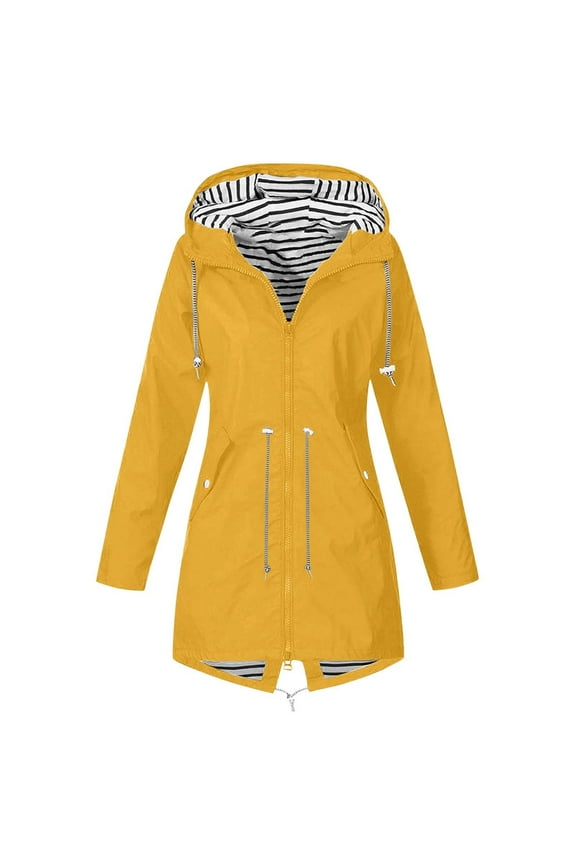 Rain Jacket Women Lightweight Raincoat Waterproof Windbreaker Striped Climbing Outdoor Hooded Trench Coats Yellow S