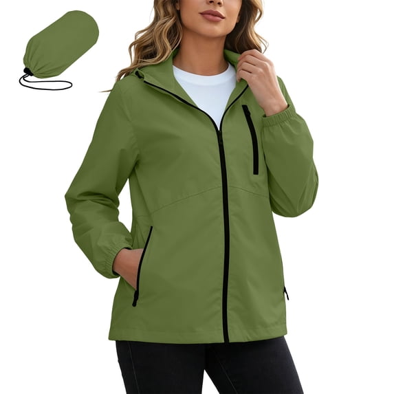 Rain Jacket Women Lightweight Waterproof Full Zip Hooded Raincoat Casual Trendy Packable Rain Coat Windbreaker with Pockets Army Green M