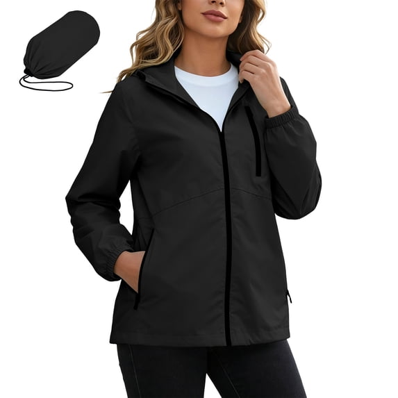 Rain Jacket Women Lightweight Waterproof Full Zip Hooded Raincoat Casual Trendy Packable Rain Coat Windbreaker with Pockets Black XXL