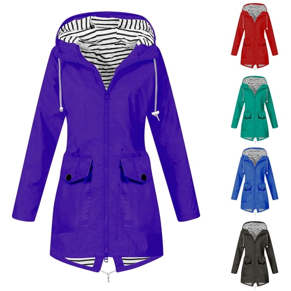 Rain Jacket Women Lightweight Waterproof Solid Color Plus Size Raincoat Casual Loose Windproof Outdoor Hooded Windbreaker With Pocket S-5XL on Clearance