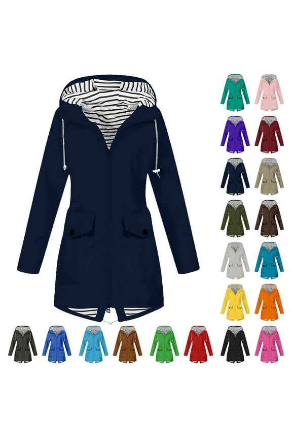 Rain Jacket Women Lightweight Waterproof Solid Color Plus Size Raincoat Outdoor Hooded Windproof Loose Windbreaker With Pocket S-5XL on Clearance