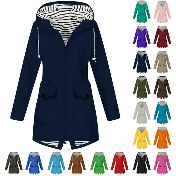Rain Jacket Women Lightweight Waterproof Solid Color Plus Size Raincoat Outdoor Hooded Windproof Loose Windbreaker With Pocket S-5XL on Clearance