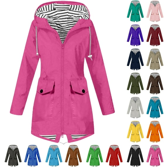 Rain Jacket Women Lightweight Waterproof Solid Color Plus Size Raincoat Outdoor Hooded Windproof Loose Windbreaker With Pocket S-5XL on Clearance