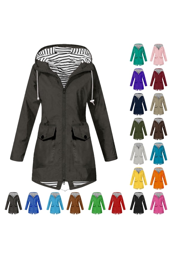 Rain Jacket Women Lightweight Waterproof Solid Color Plus Size Raincoat Outdoor Hooded Windproof Loose Windbreaker With Pocket S-5XL on Clearance