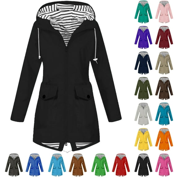 Rain Jacket Women Lightweight Waterproof Solid Color Plus Size Raincoat Outdoor Hooded Windproof Loose Windbreaker With Pocket S-5XL on Clearance
