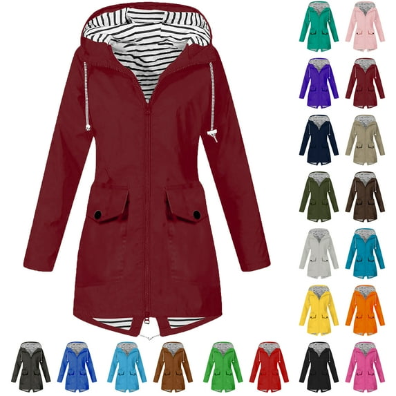 Rain Jacket Women Lightweight Waterproof Solid Color Plus Size Raincoat Outdoor Hooded Windproof Loose Windbreaker With Pocket S-5XL on Clearance