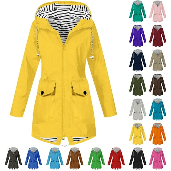 Rain Jacket Women Lightweight Waterproof Solid Color Plus Size Raincoat Outdoor Hooded Windproof Loose Windbreaker With Pocket S-5XL on Clearance