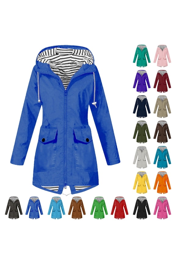 Rain Jacket Women Lightweight Waterproof Solid Color Plus Size Raincoat Outdoor Hooded Windproof Loose Windbreaker With Pocket S-5XL on Clearance