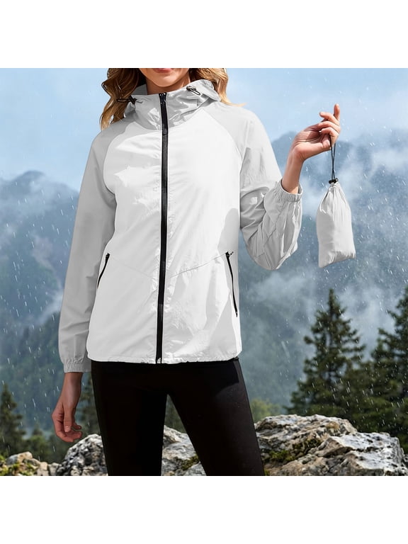 Rain Jacket Women Lightweight Waterproof Windproof Zip Up Hooded Jackets Womens Solid Thin Mountaineering Softshell Windbreaker Jacket Outdoor Hiking Camping Travel Coat