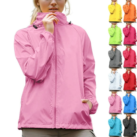 Rain Jacket Women Lightweight Womens Rain Jacket With Hood Windbreaker Jackets Sun Hoodie UV Protection Waterproof Windproof Raincoats With Storage Bag Plus Size XS-XXXL