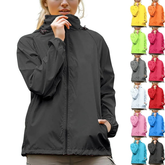 Rain Jacket Women Lightweight Womens Rain Jacket With Hood Windbreaker Jackets Sun Hoodie UV Protection Waterproof Windproof Raincoats With Storage Bag Plus Size XS-XXXL