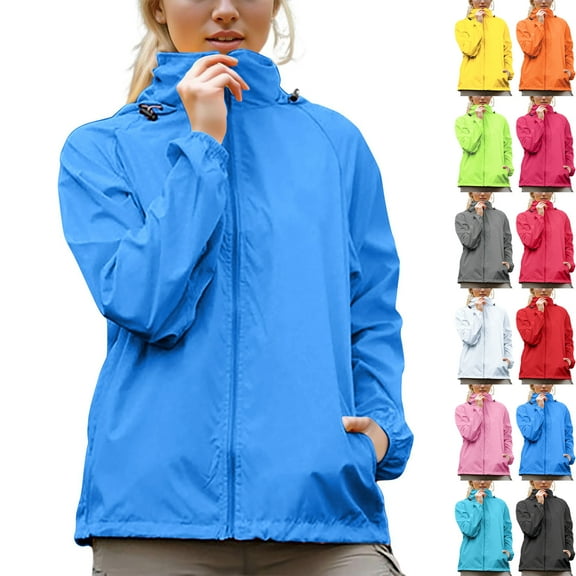 Rain Jacket Women Lightweight Womens Rain Jacket With Hood Windbreaker Jackets Sun Hoodie UV Protection Waterproof Windproof Raincoats With Storage Bag Plus Size XS-XXXL