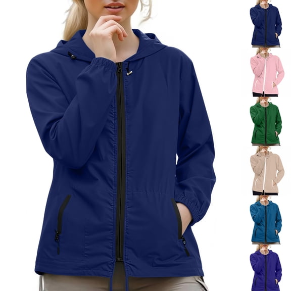 Rain Jacket Women Lightweight Zip Up Hooded Waterpoof Windbreaker Packable Hiking Travel Lined Raincoat with Pockets