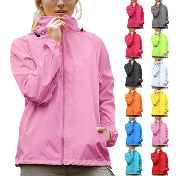 Rain Jacket Women Plus Size Windbreaker Lightweight Sun Protection Long Sleeve Hooded Waterproof Windproof Adjustable Active Outdoor Raincoats with PocketsPink M
