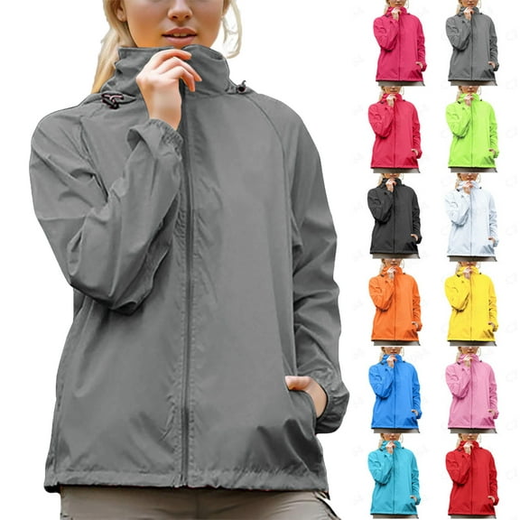 Rain Jacket Women Plus Size Windbreaker Lightweight Sun Protection Long Sleeve Hooded Waterproof Windproof Adjustable Active Outdoor Raincoats with Pockets Gray M