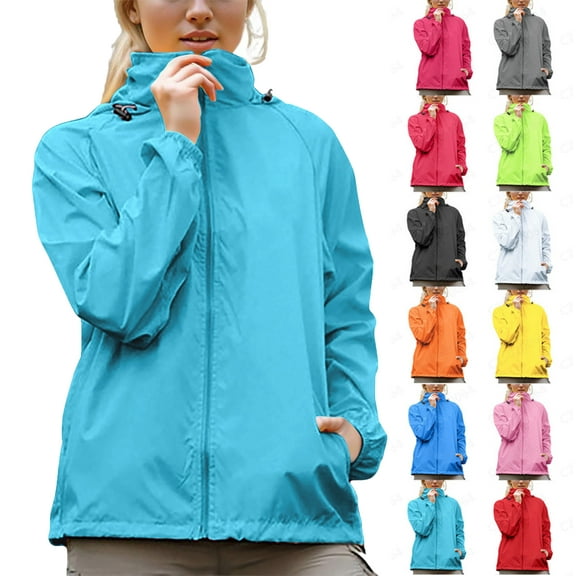 Rain Jacket Women Plus Size Windbreaker Lightweight Sun Protection Long Sleeve Hooded Waterproof Windproof Adjustable Active Outdoor Raincoats with PocketsSky Blue M