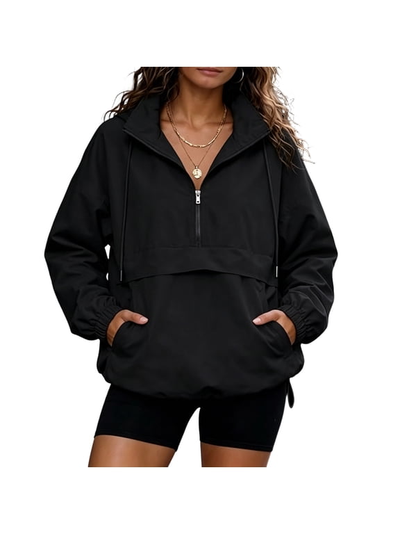 Rain Jacket Women Quarter Zip Long Sleeve Pullover Hiking Jacket Windbreaker Winter Work Oversized Travel Coats with Pockets Black 2XL
