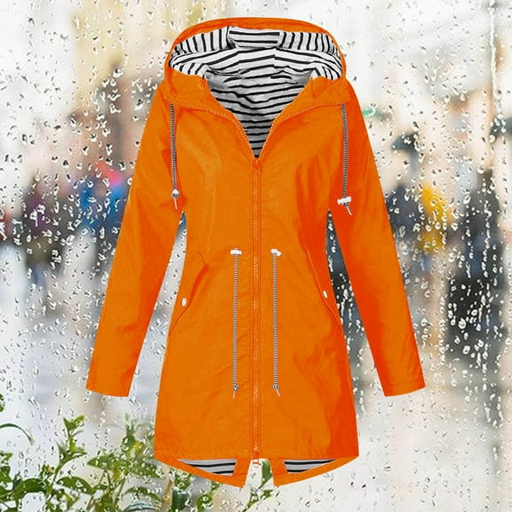 Rain Jacket Women Striped Lined Hooded Lightweight Raincoat Outdoor Waterproof Windbreaker Orange XXXXXL