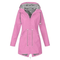 Rain Jacket Women Striped Lined Hooded Lightweight Raincoat Outdoor Waterproof Windbreaker Pink A L