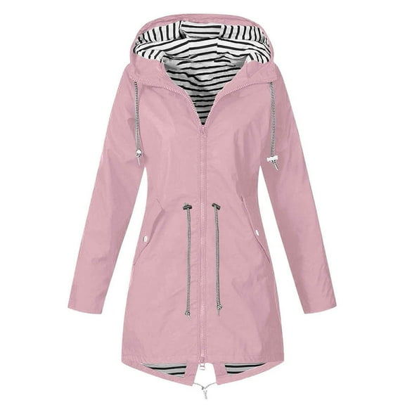 Rain Jacket Women Striped Lined Hooded Lightweight Raincoat Outdoor Waterproof Windbreaker Pink S